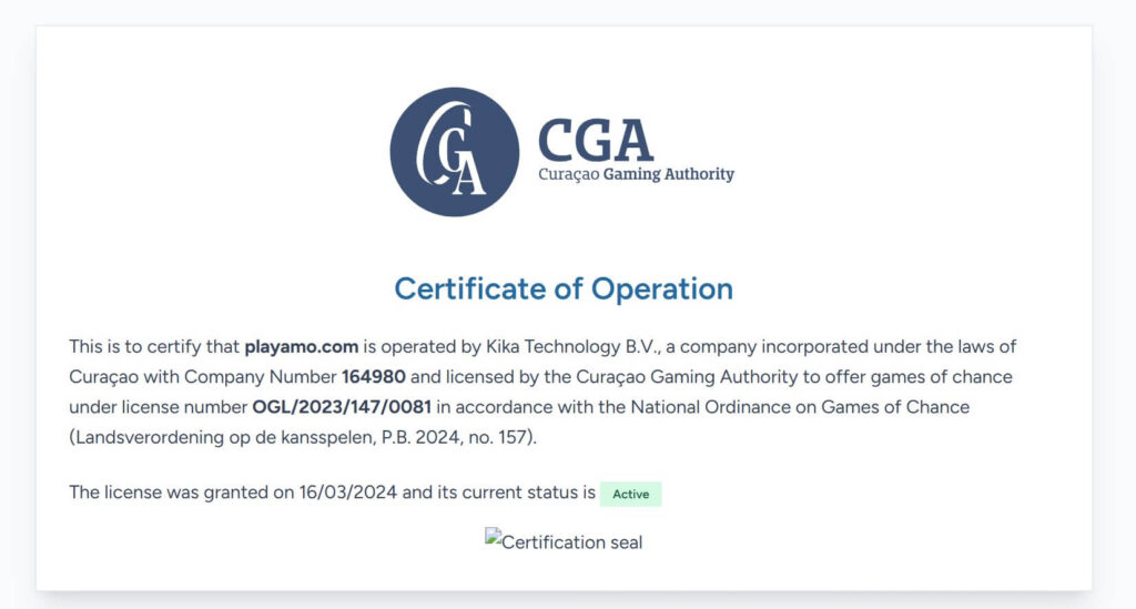 screenshot of Curacao certification for playamo casino canada license number OGL/2023/147/0081