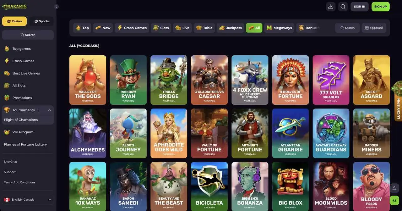 Drakaris lobby showing Yggdrasil casino games