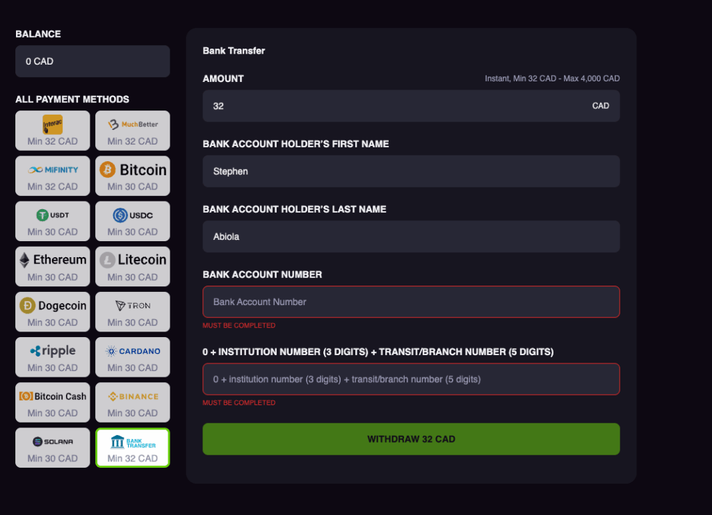 Drakaris Casino bank transfer withdrawal screen showing instant payouts, a minimum withdrawal of CA$32, a maximum of CA$4,000, and available payment methods including Interac, MuchBetter, MiFinity, and cryptocurrencies.
