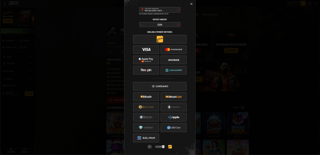Jokery Casino deposit screen displaying Interac, Visa, Mastercard, Apple Pay, Jetonbank, Flexepin, eZeeWallet, and multiple cryptocurrency payment options.