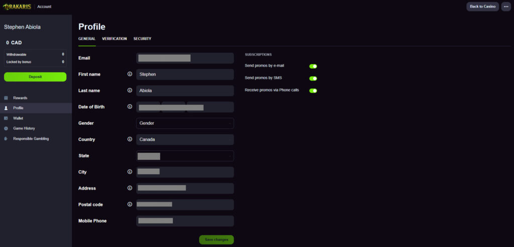 KYC process at Drakaris casino by Stephen Abiola - profile info