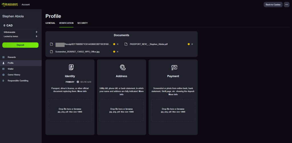KYC process at Drakaris casino by Stephen Abiola - verification steps