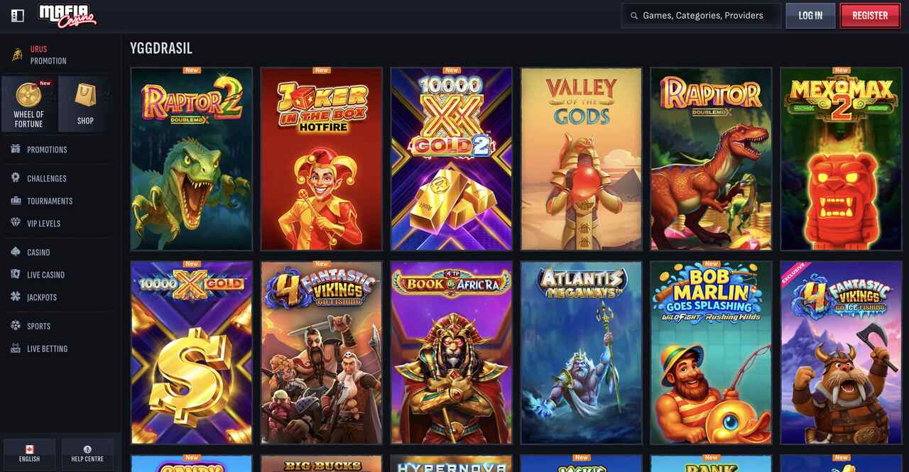 Screenshot showing variety of Yggdrasil games at Mafia Casino