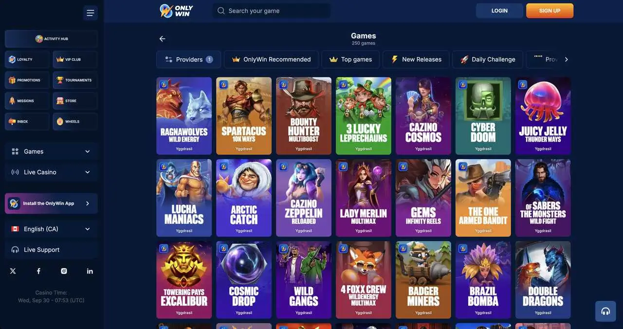 OnlyWin library showing a selection of yggdrasil slots