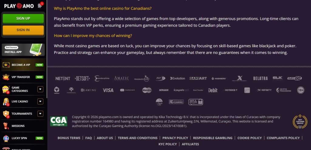 screenshot of Playamo footer showing Curaçao Gaming Authority license OGL/2023/147/0081 held by Kika Technology B.V.