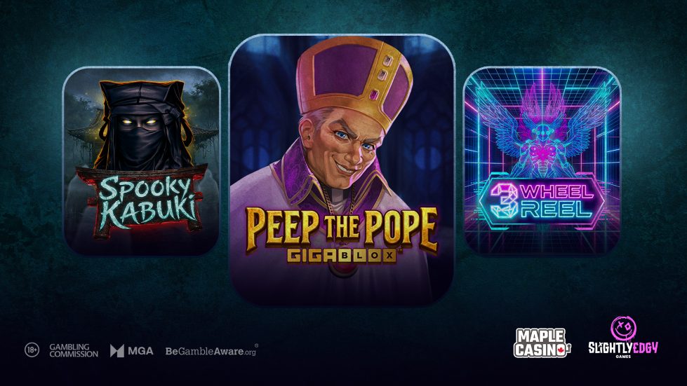 Slightly Edgy game portfolio: Spooky Kabuki, Peep the Pope GigaBlox, and 3 Wheel Reel slot games