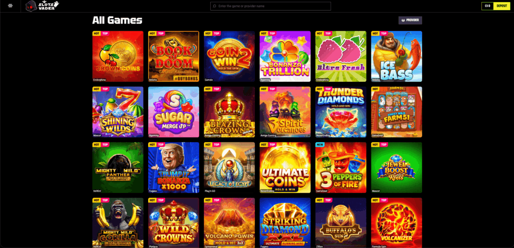 SlotsVader Casino game library displaying a selection of online slots, including Crown Coins, Book of Doom, Coin Win 2, Bonanza Trillion, and Ice Bass.