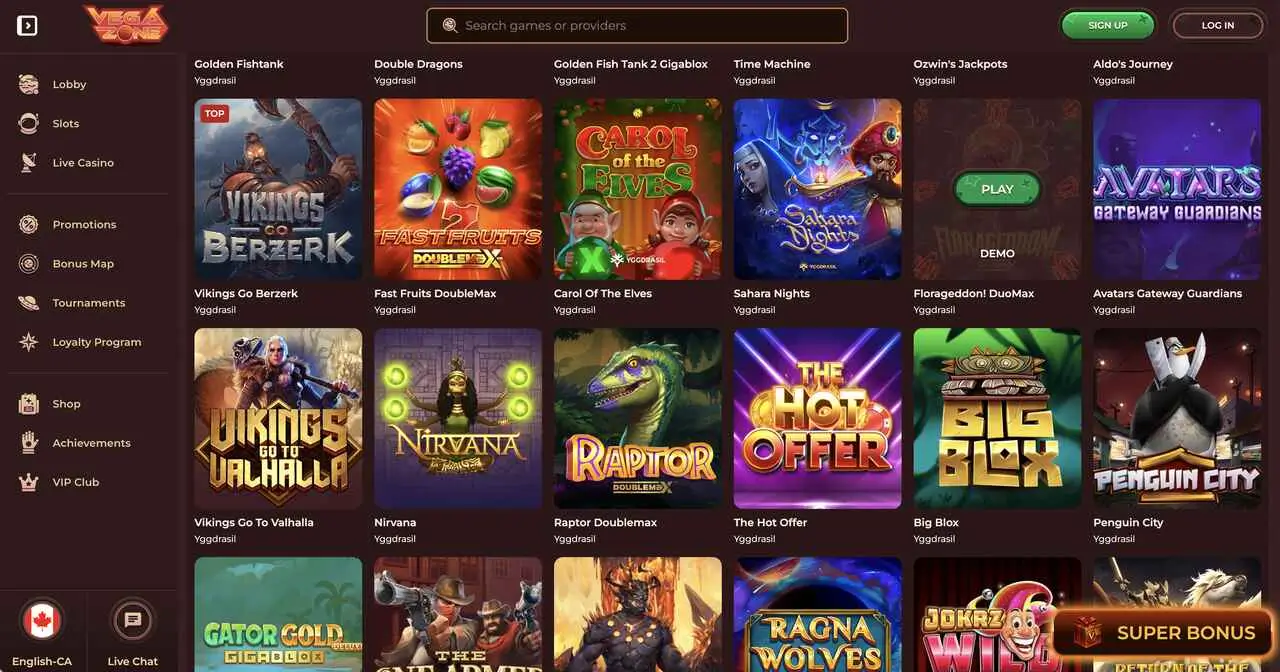 VegaZone games lobby showing Yggdrasil slots