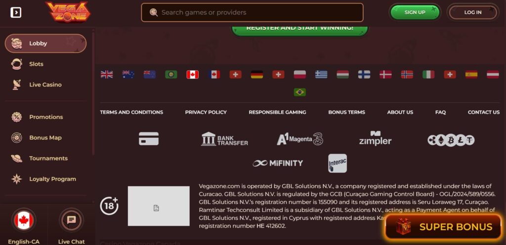 screesnhot of Vegazone footer showing Curaçao license OGL/2024/589/0556 held by GBL Solutions N.V.