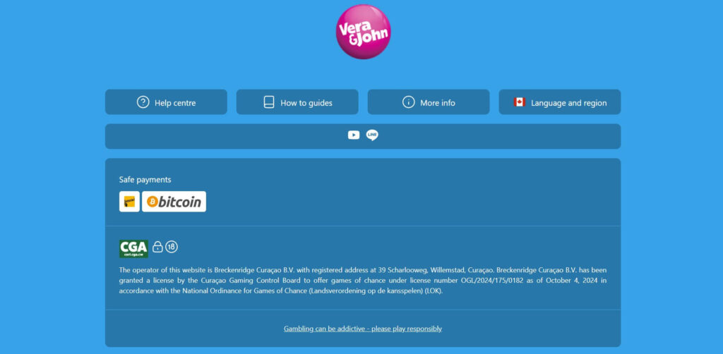 screenshot of Vera and John footer showing Curaçao license OGL/2024/175/0182 held by Breckenridge Curaçao B.V.