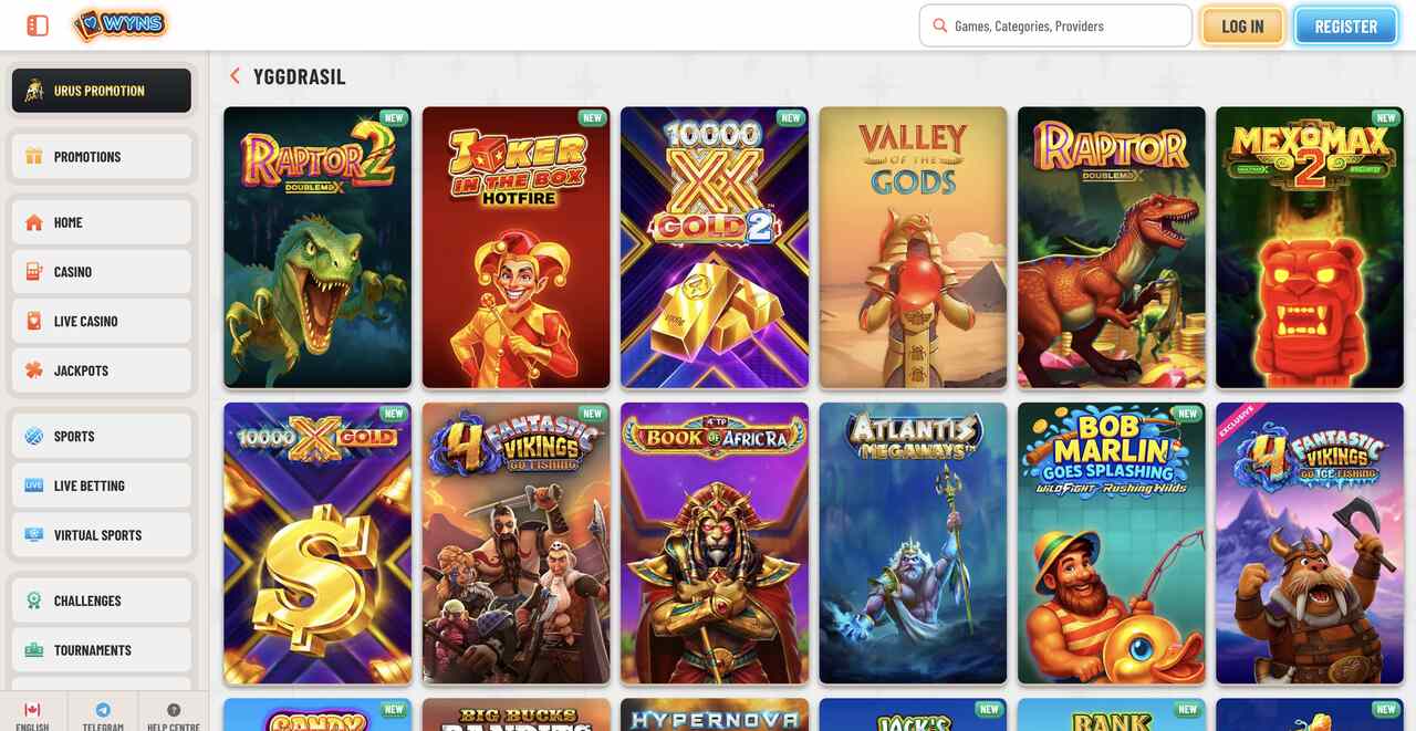 Selection of Yggdrasil games available at Wyns Casino