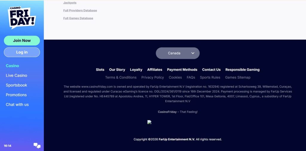 screenshot of Casino Friday footer showing Curaçao license OGL/2024/361/0119 held by Far Up Entertainment N.V