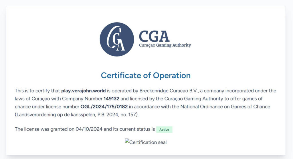 screenshot of Curaçao Gaming Authority certificate of operation license number OGL/2024/175/0182 for Vera and John